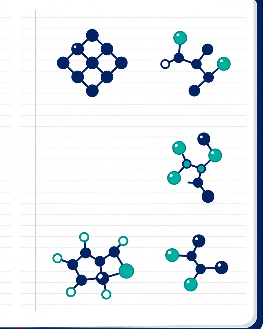 Flat vector illustration of a precise reference chart with annotated molecular diagrams and a ruled research logbook pag